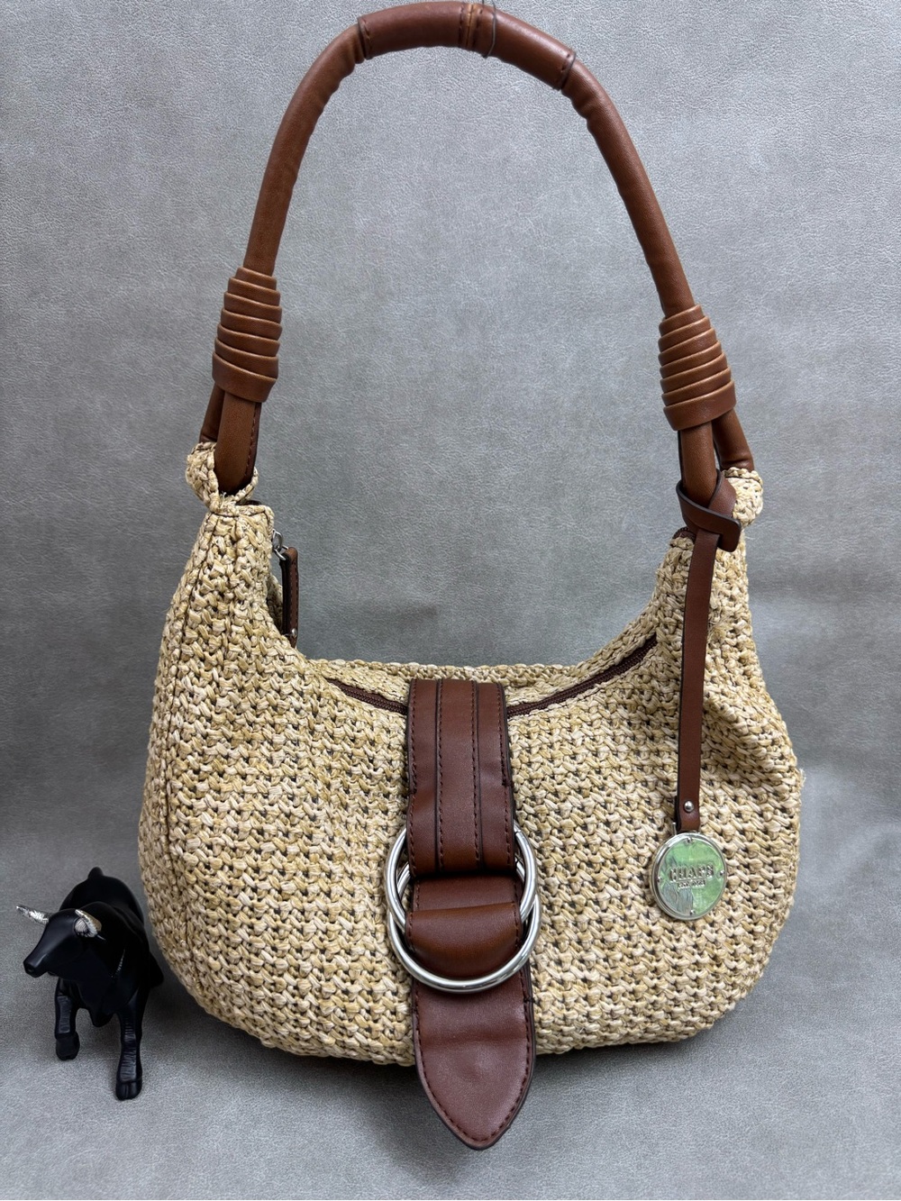 Chaps Natural Woven Shoulder Bag with Brown Leather Trim